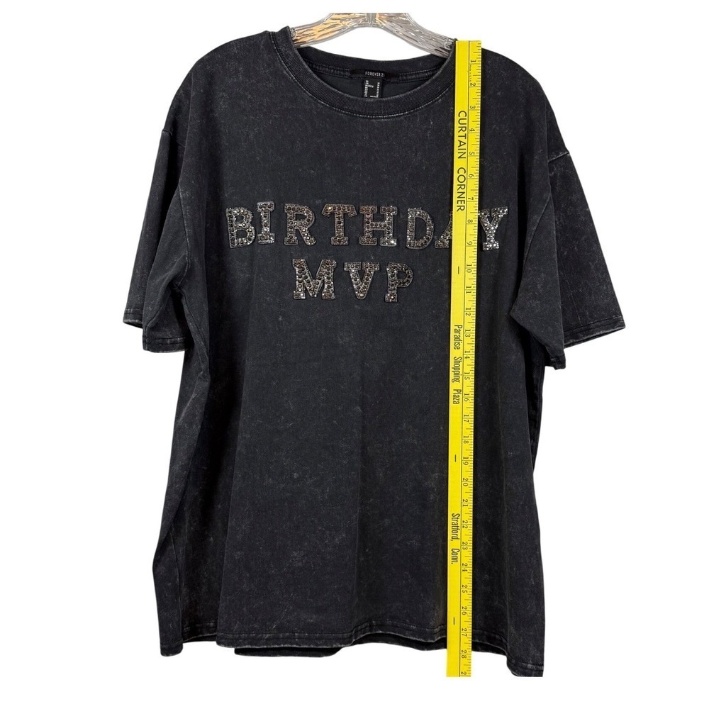 FOREVER 21 Black Acid Wash "Birthday MVP" Oversized T-Shirt, 100% Cotton, Size M - Picture 4 of 6